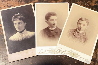 3 OLD Cabinet Photos from Lawrence, MA 2 Boys by GH Leck, 1 Lady by AM Bean 1887