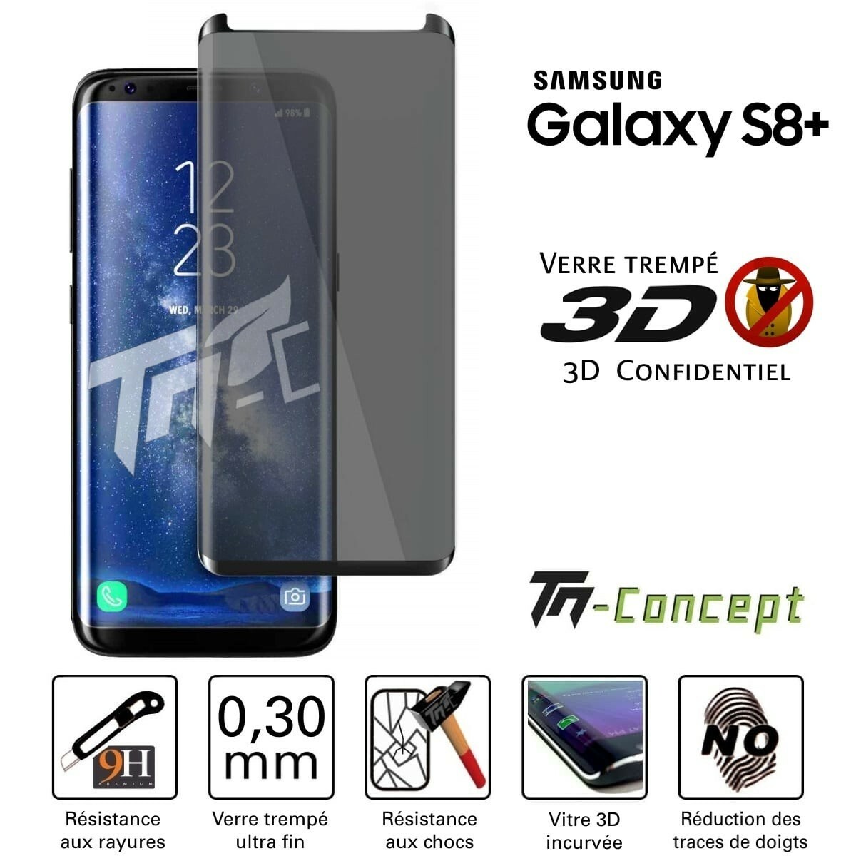 Verre trempé 3D incurvé Galaxy S8+ avec protection anti-rayures 9H
