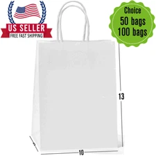 100 Bags-[ 10X 5X13 ] White Paper Bags with Handles Bulks.