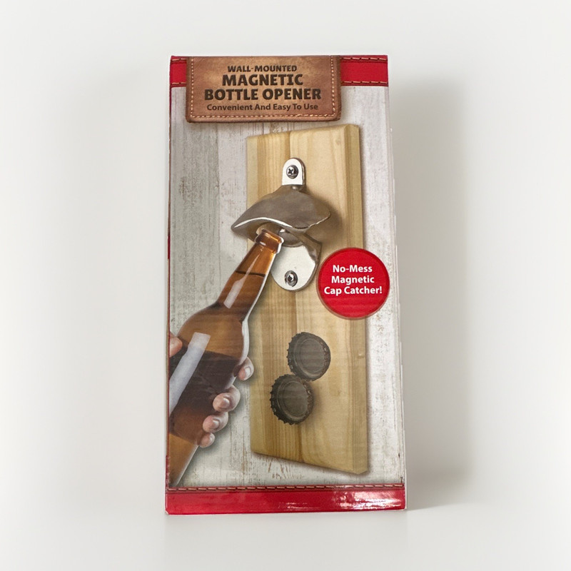 Wall-Mounted Magnetic Bottle Opener Cap Catcher Wood/Metal Brown Silver Bar