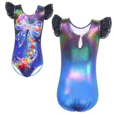 Girls Gymnastics Leotard Mesh Flutter Sleeve Floral, 7-8 Years D1 Navy Blue