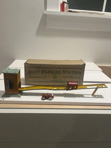 Vintage Marx Busy Parking Station Tin Toy w/ Box & Car – Pre-War Wind-Up – WORKS