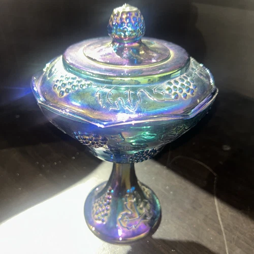 Indiana Glass Compote Bowl Carnival Harvest Grape Iridescent Blue With Lid VTG