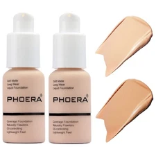 2 Pack PHOERA Foundation,Flawless Soft Matte 24 HR Oil Control Concealer Make...