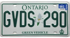 2022 Ontario GREEN VEHICLE License Plate #GVDS-290 Electric Car