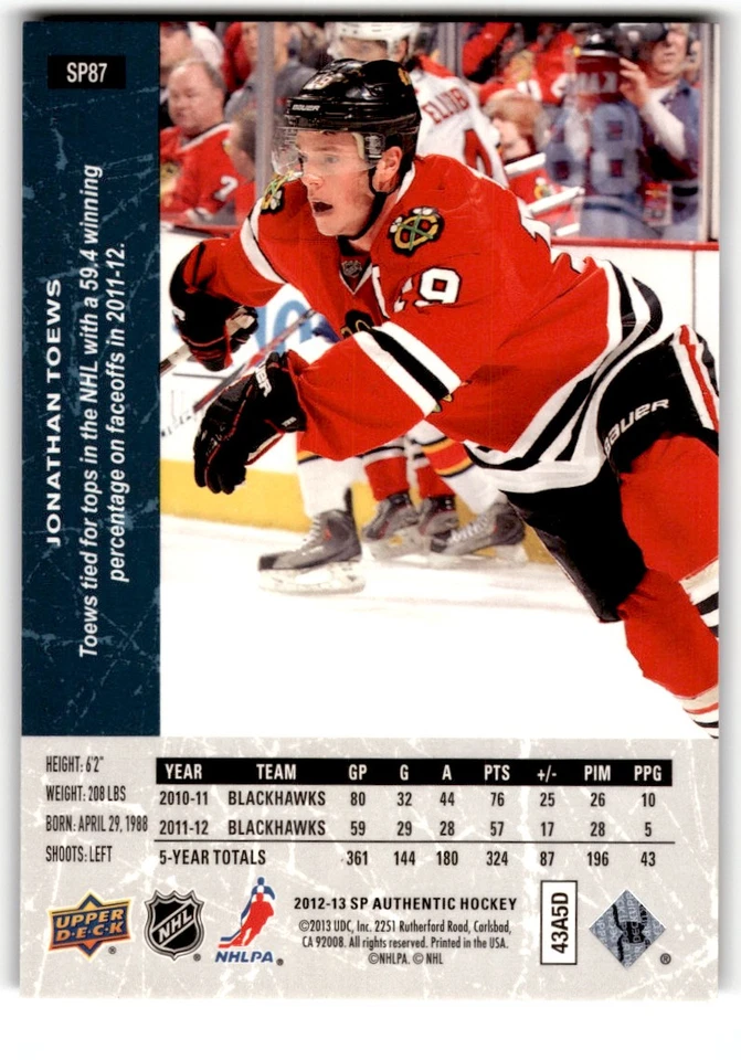 2012-13 SP Authentic '94-95 Retro Jonathan Toews #SP87 Chicago Blackhawks - Image 2 of 2