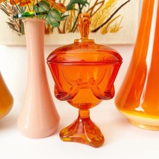 Vintage Viking Glass Persimmon Orange Epic Drape Lidded Candy Jar 11  MCM 1960s