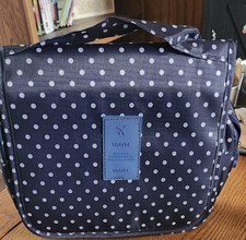 Travel Toiletry Bag Waterproof Hanging Cosmetic Organizer Navy w/ White Dots