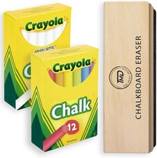 Chalkboard Chalk and Eraser Set, 24 Pack Including 12 White and 12 Colored Chalk