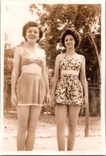 Vintage Photo Two Smiling Women in Swimsuits Swimwear Beach Scene 1940s 1950s