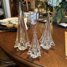 Set of 3 Vtg Murano Style Glass Crystal Christmas Tree Gold Accent 9.75 -5.75