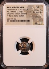Satraps of Caria, Hecatomnus Drachm (392-377 BC) - NGC VF! Ancient Lion, Rare!