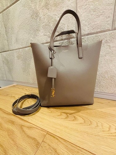 Saint Laurent YSL Gray Leather Tote Bag 2Way Convertible w Strap Italy 11in