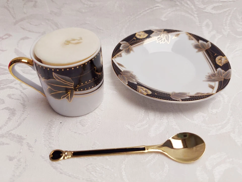 Demitasse Cup Saucer Quiet Moments Island Breeze Candle Spoon Black White Gold - Image 3 of 4