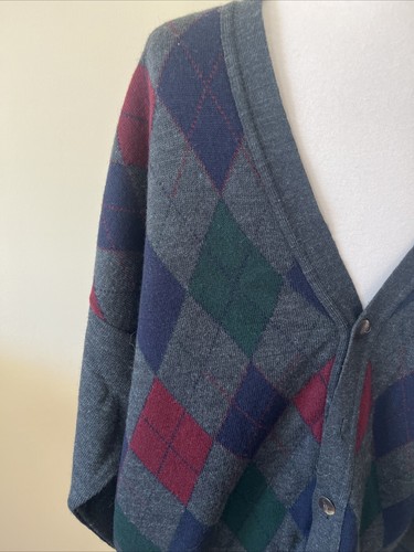 Vintage 90’s Florence Tricot Cardigan Sweater XL Gray Diamond Argyle - Picture 2 of 12