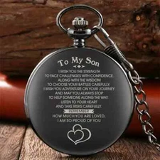 NEW 2" TO MY SON Words Of Wisdom Engraved Round Black Quartz Pocket Watch 2x.6