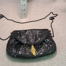Vintage Black Metal Mesh Handbag w/Gold Tassel EUC Art Deco 24" Drop Chain Strap