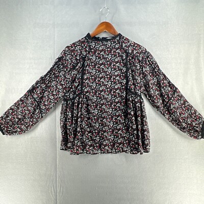 Zara Womens Chiffon Tops XS Black Floral Long Sleeve Sheer Crochet Peasant
