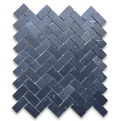 N71XH Nero Marquina Black Marble 1x2 Herringbone Mosaic Floor Tile Honed