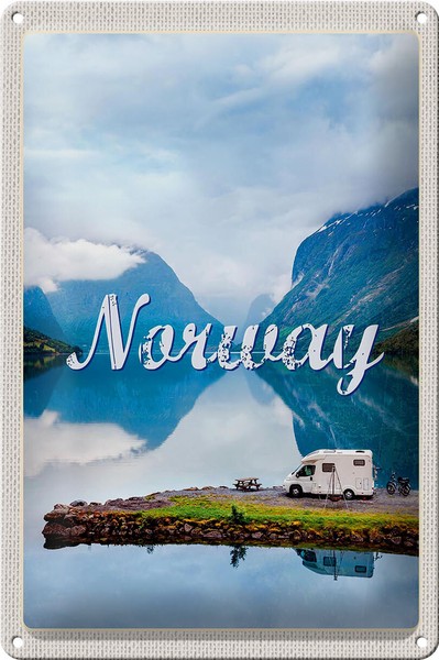 Blechschild Reise 20X30 Cm Norwegen Camping Meer Reise Natur Schild Tin Sign-image