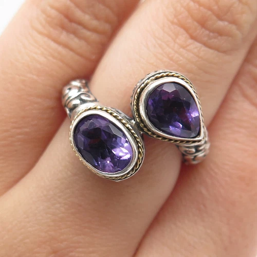 SAMUEL BENHAM BJC Sterling 18K Gold Vintage Real Amethyst Bypass Ring Size 5.75