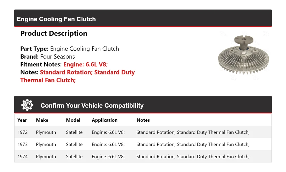 For 1972-1974 Plymouth Satellite 6.6L V8 Engine Cooling Fan Clutch 4 Seasons - Image 2 of 4