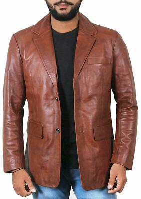 Vintage Men's 100% Lambskin Leather Tan Brown Blazer Handmade Two Button Jacket