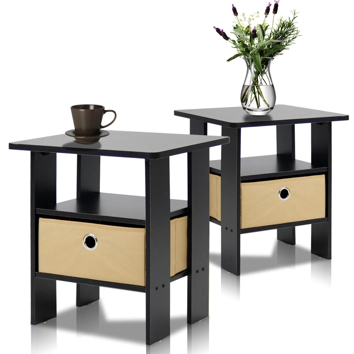 Furinno Andrey End Table Nightstand with Bin Drawer Set of 2