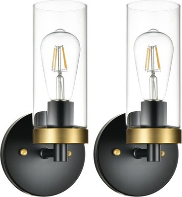 2 Modern Wall Sconce Light Fixtures, Clear Glass Cylinder Shade, Black and Brass