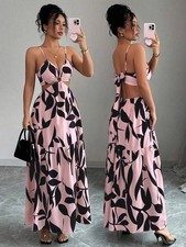 Women's Spaghetti Strap Cinched Waist Floral Print Long Cami Dress