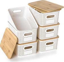 Plastic Storage Baskets with Bamboo Lids Stackable Small Box Bins for