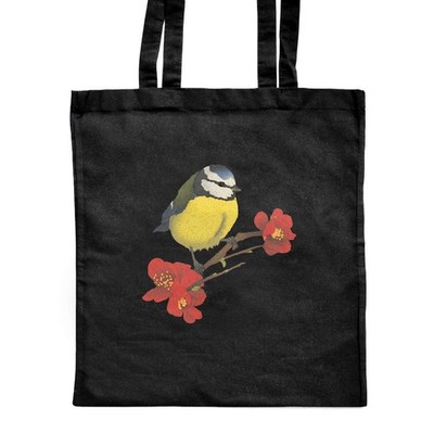 Klassische schwarze Shopper-Tasche 'Blaumeise auf blühendem Ast' (ZB00025770)