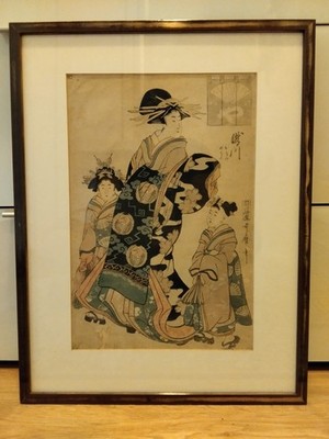 Kitagawa Utamaro Kurtisane & Kamuro Japanischer Farbholzschnitt Ukiyo-e gerahmt