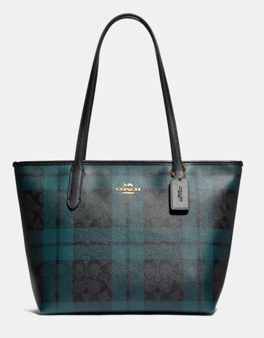 Borsa Coach City nuova con etichetta con zip in tela firmata con stampa a quadri nera Deep Ocean
