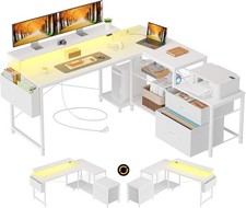 L Shaped Corner Computer Desk with LED Lights, Storage & Drawers,135 x 125 cm ..