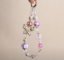 Pink Purple Rhinestones Jewels  Butterflies Beaded Crystal Phone Charm Strap...