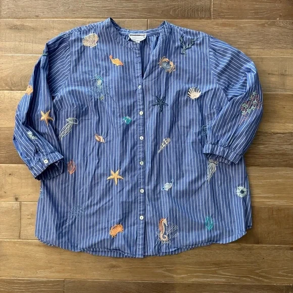 Top Johnny Was Talla Grande 1X Azul Rayas Bordado Costero Foto 2 de 4