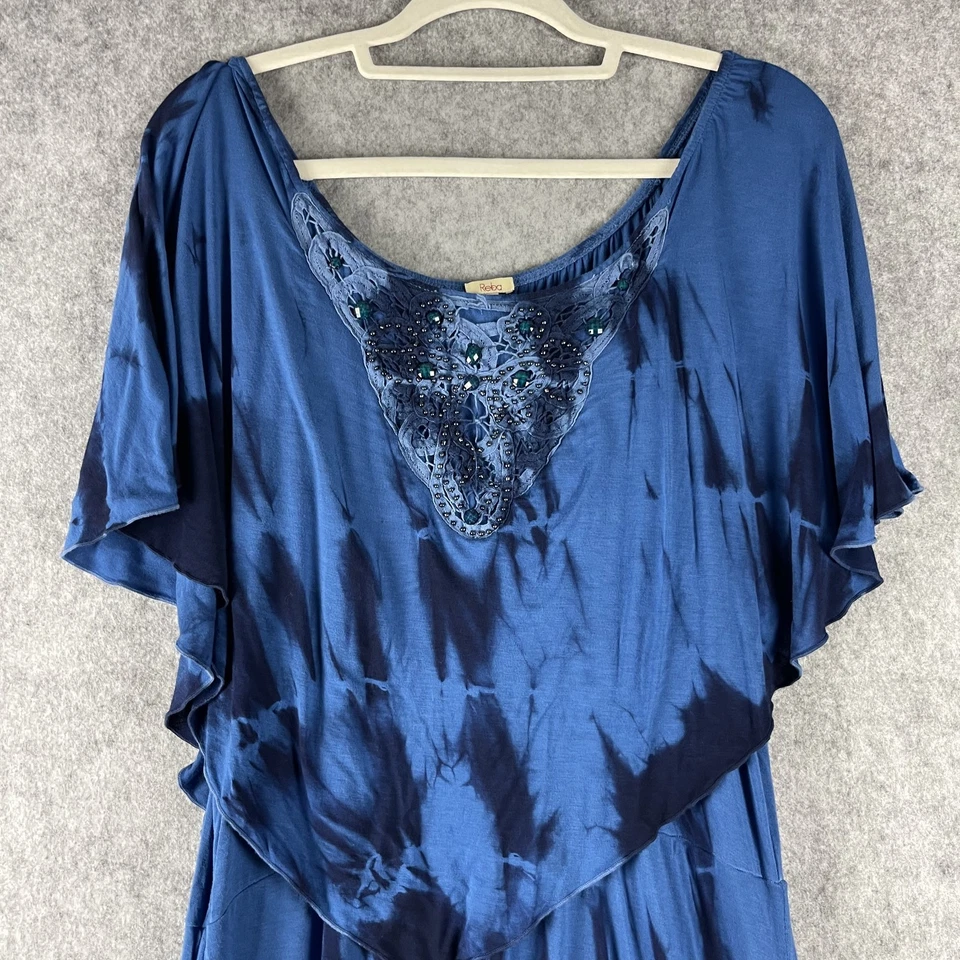 Maxi Vestido Reba Para Mujer XL Azul Estrás Cuentas Tie Dye Capas Elastizado Fluido Foto 2 de 4