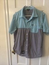 Men’s Lng Wovens Short Sleeve Teal Blue Contrast Gingham Plaid Logo Shirt M