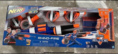 Nerf Rhino Fire N Strike Elite Dart Gun Tripod 2 Drums Complete