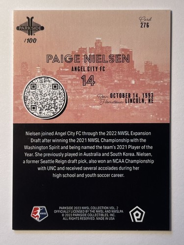 Paige Nielsen 2023 Angel City FC Shimmer /100 #276 Parkside Vol 2 nuovo di zecca - Foto 2 di 2