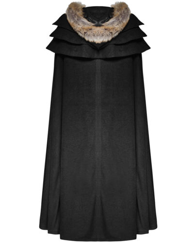 Punk Rave Mens Cloak Coat Jacket Black Hooded Fur Gothic Steampunk VTG Regency - Picture 2 of 12