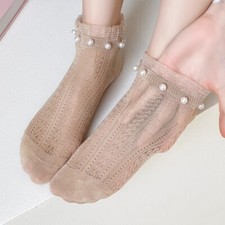 Femme Maille Chaussettes Courtes Été Mince Dentelle Bateau Perle Décor Souple