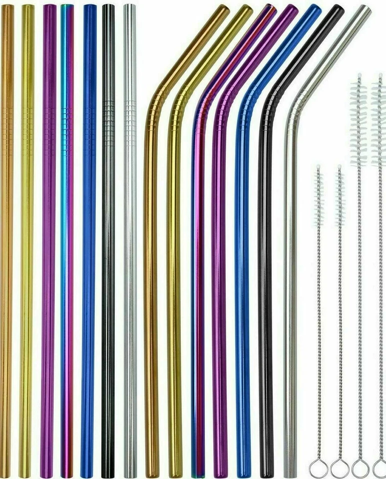 New 8x Rainbow Metal Straw Reusable Colour Stainless Steel Drinks Straws Party - Image 3 of 4