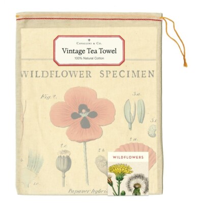 Cavallini Papers & Co. Wildflowers Tea Towel - 100% Cotton, Multicolor Floral Print, Includes Muslin Drawstring Bag