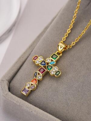 Multicolor Cubic Zirconia Cross Charm Necklace Statement Necklace Modern