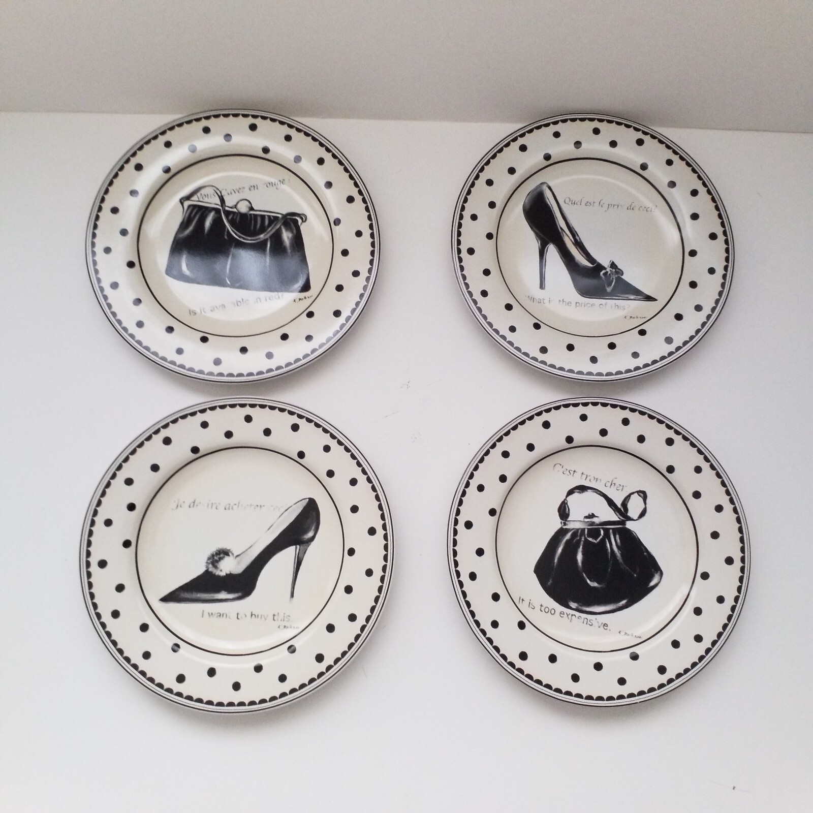 Sakura Mademoiselle Black Polka Dot & White Shoes & Purses Salad Plates (4)