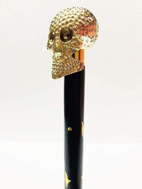 Solid Brass Skull Head Designer Handle Black Wood… - image 1