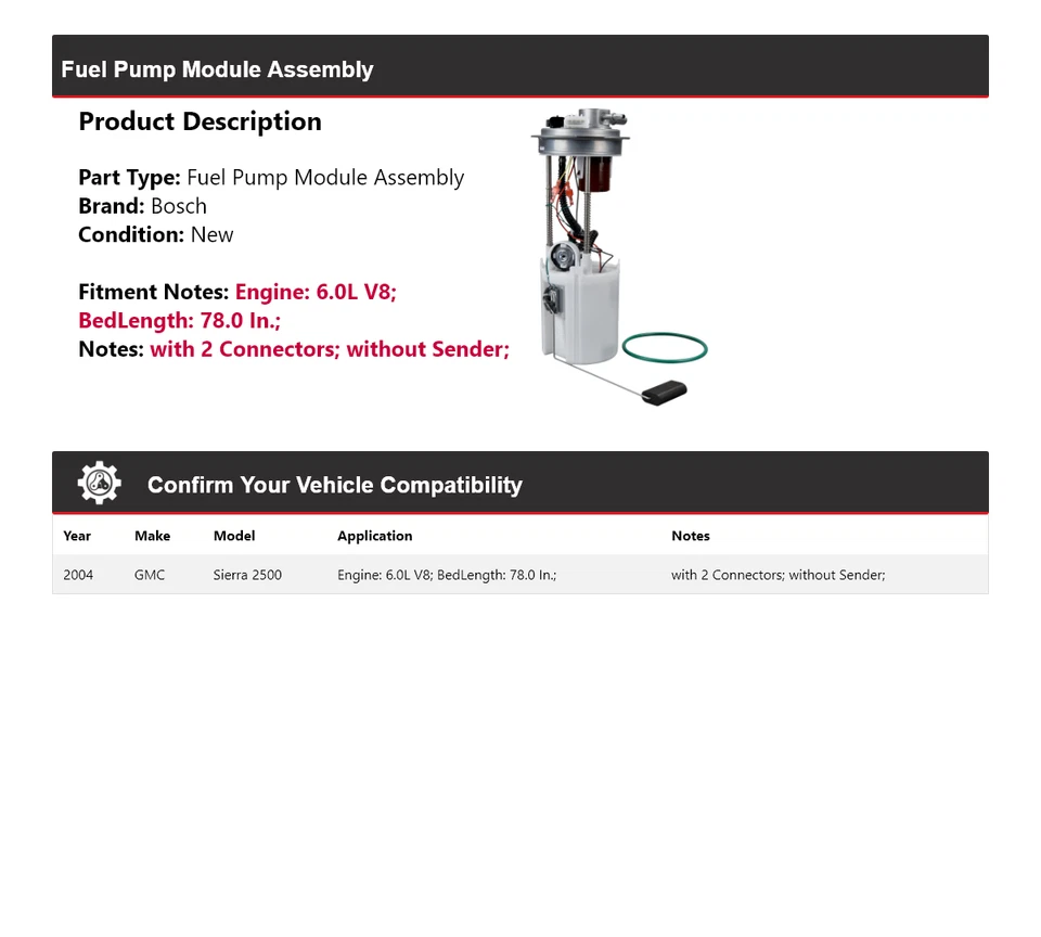 Модуль топливного насоса в сборе для 2004 GMC Sierra 2500 6,0 л V8 Bosch - Изображение 2 из 4