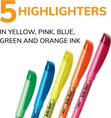 BIC Brite Liner Highlighters Chisel Tip 5 Count Assorted Colors FREE SHIP
